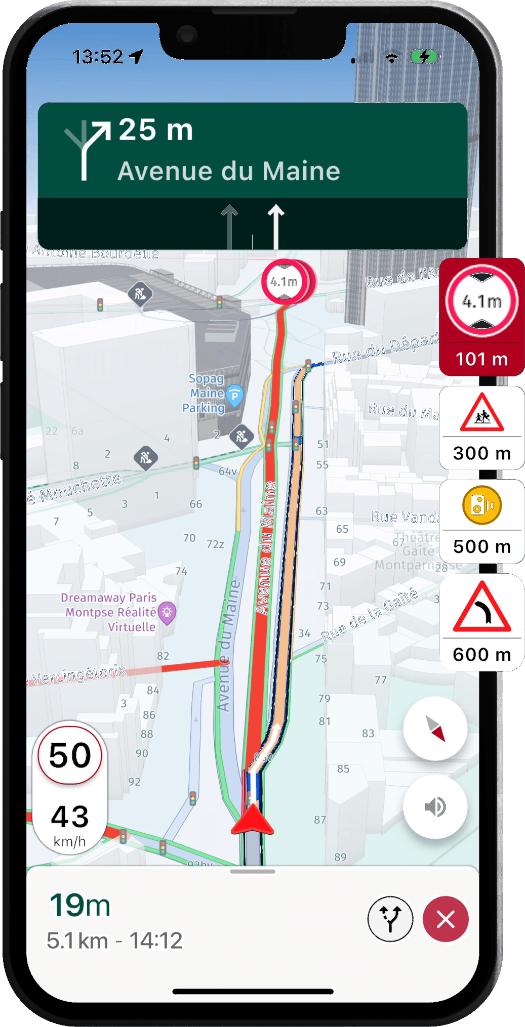 Navitruck truck navigation: a 4.1 m height limit flagged 101 m ahead, with roadworks, speed-camera and sharp-bend alerts stacked beside the phone