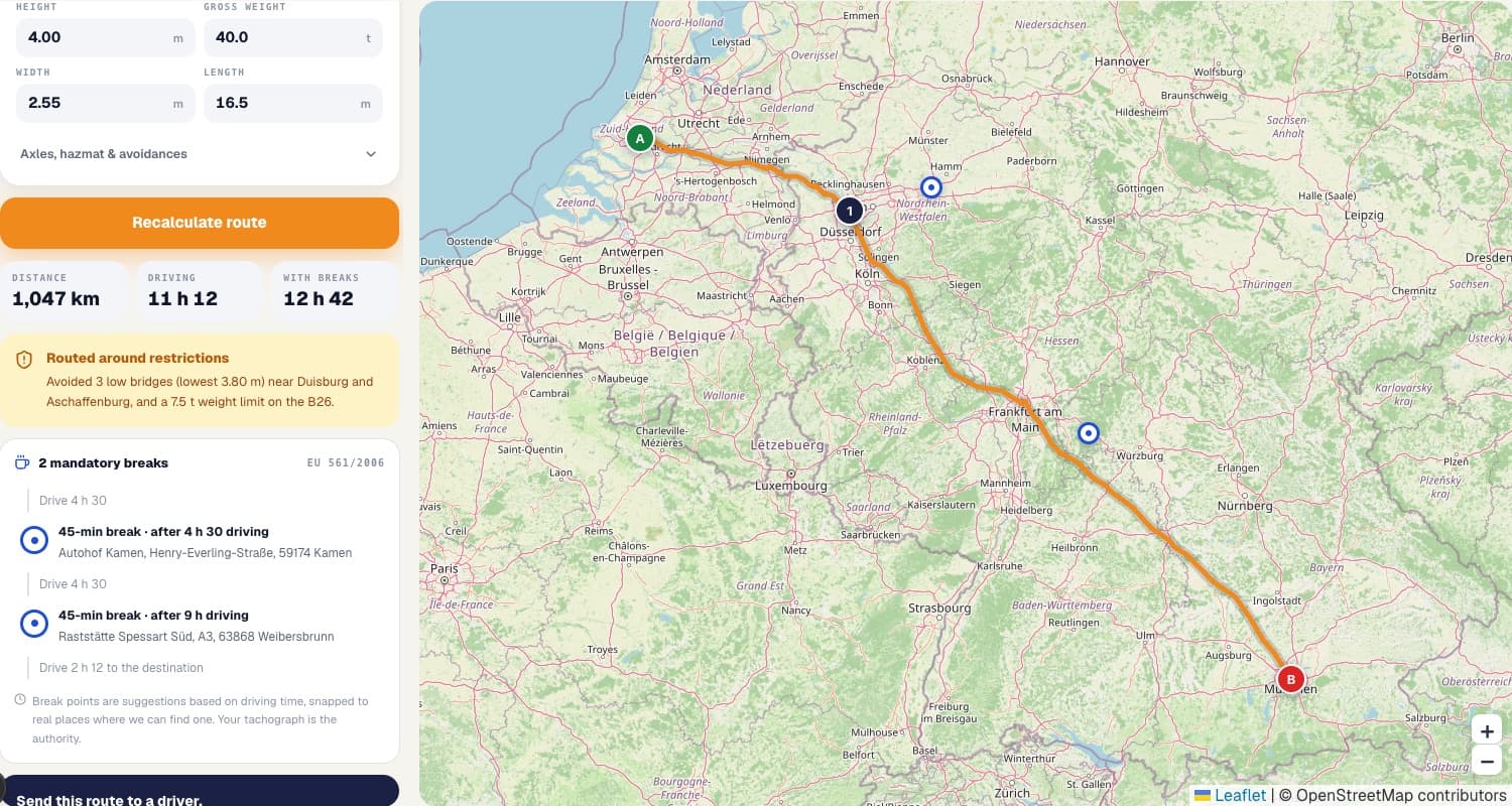 Navitruck route planner: a Rotterdam to Munich truck route with two mandatory breaks and the restrictions avoided