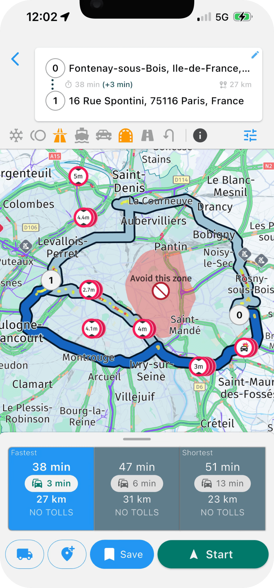Navitruck showing custom avoid zones drawn on the map