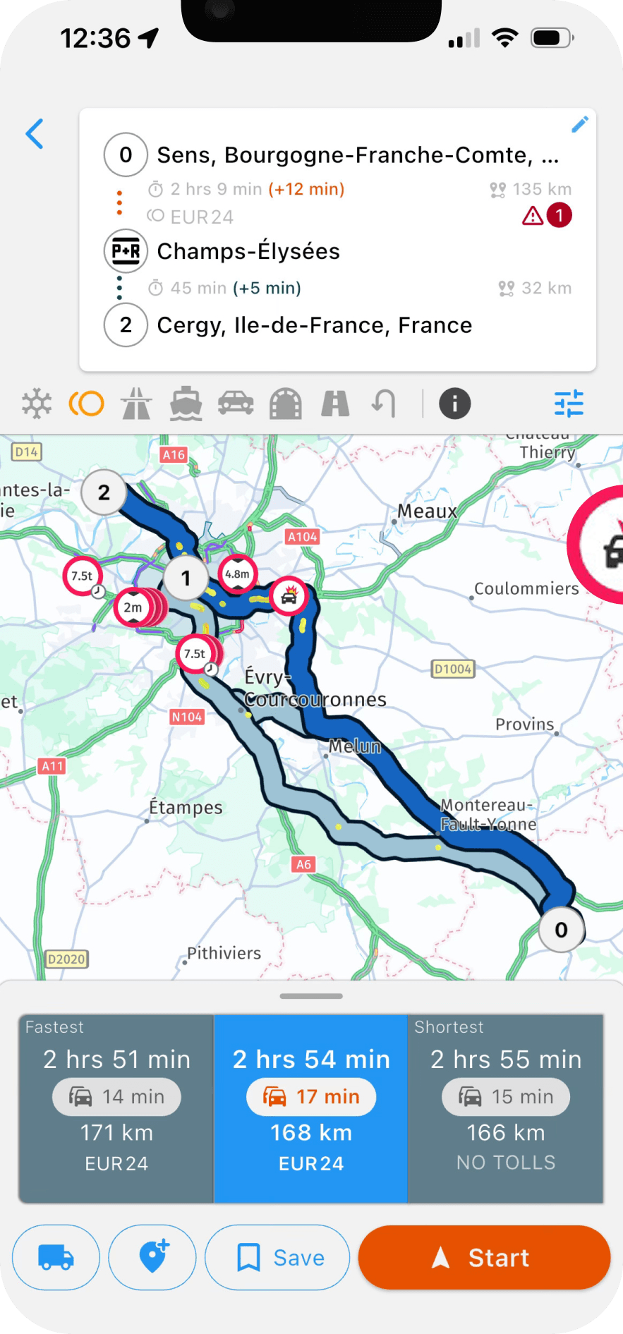 Die Navitruck LKW-Navi-App mit einer LKW-tauglichen Route und Spurführung