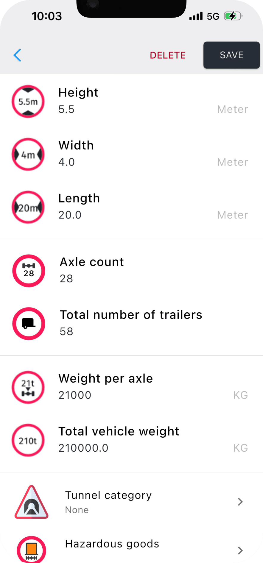 Navitruck vehicle profile screen with hazmat class and tunnel category settings