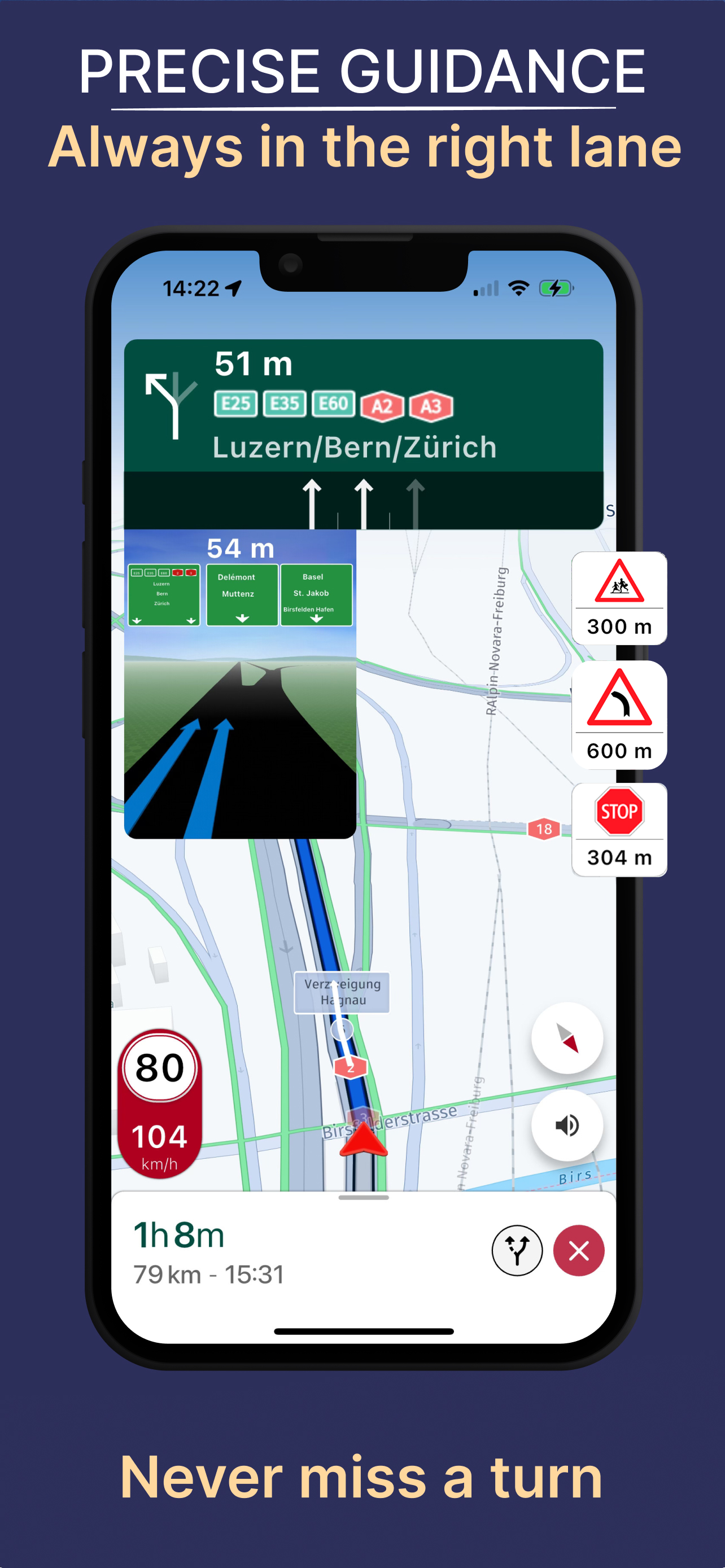NaviTruck app showing lane guidance with junction view and upcoming restrictions
