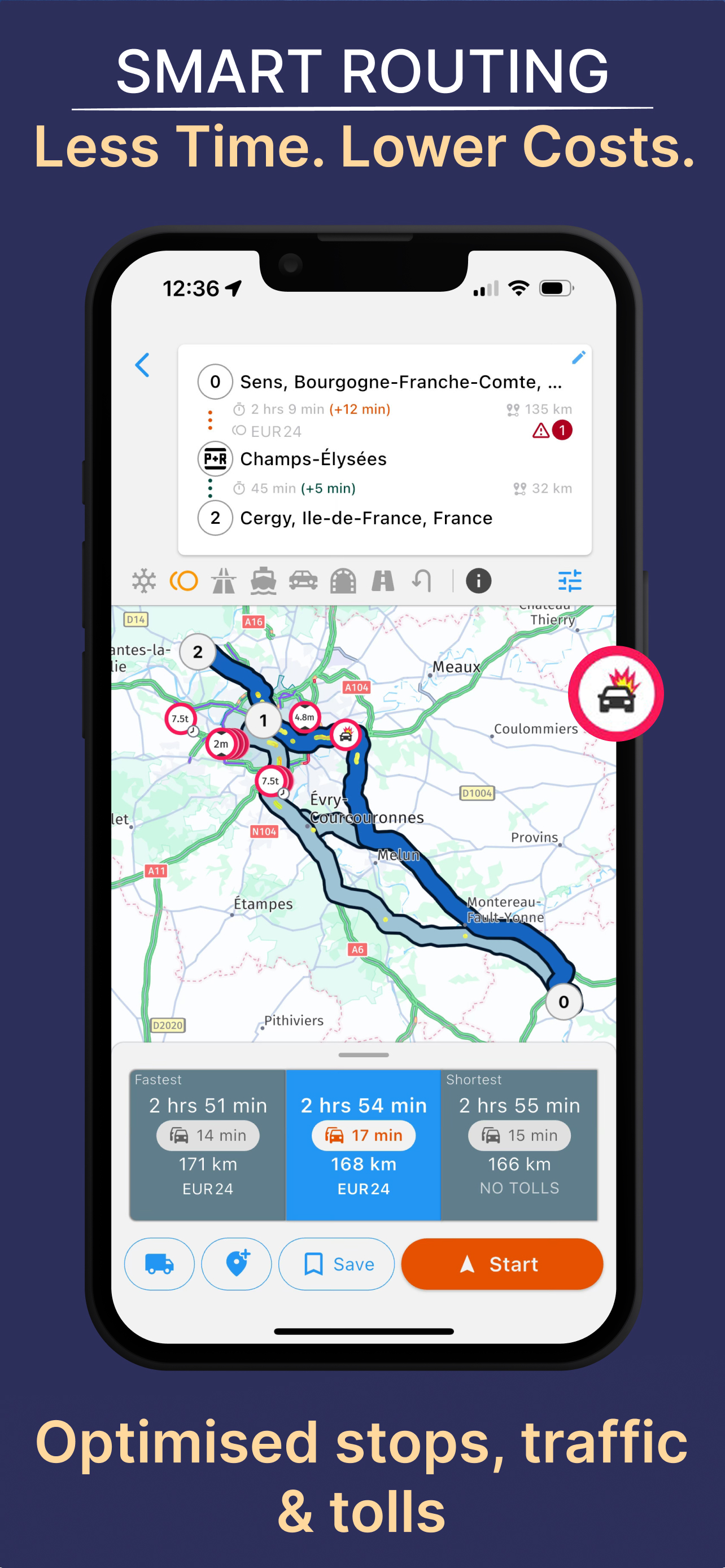 NaviTruck app showing three truck-safe route alternatives